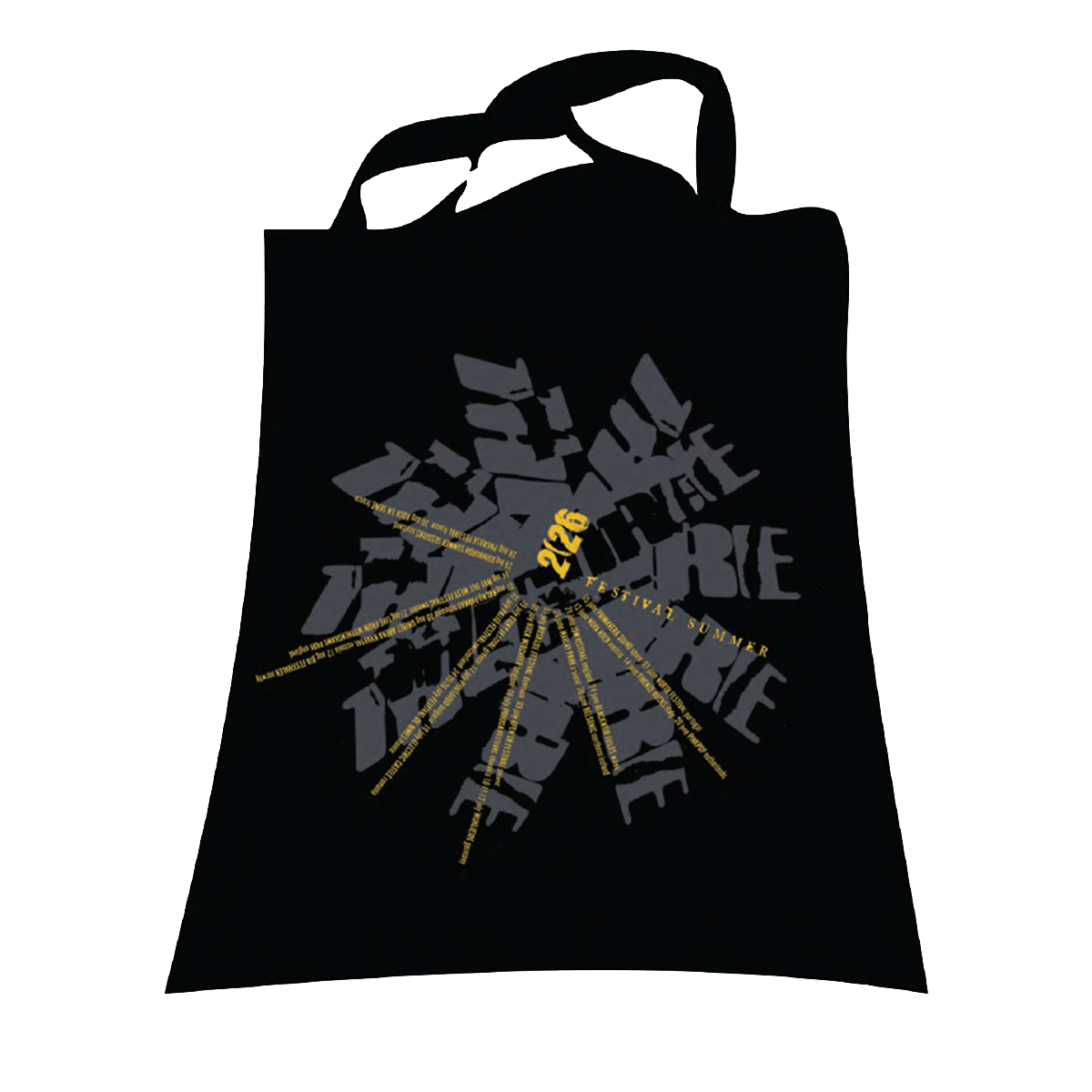 Black tote bag with grey stamped logo design and tour dates printed in yellow in a half circle.