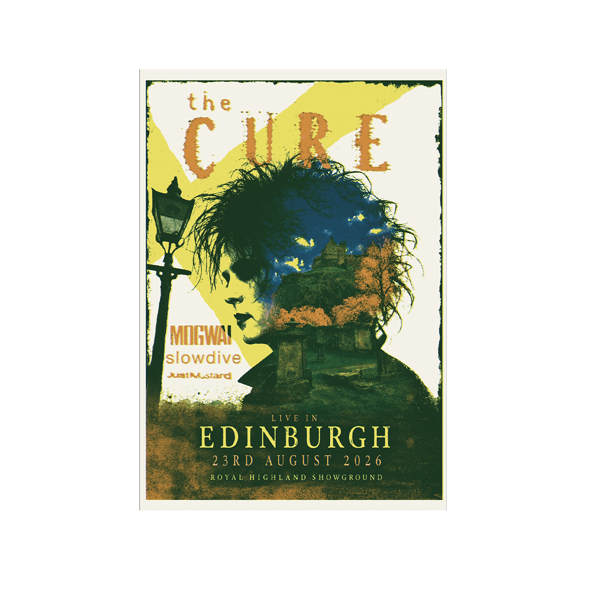 A concert poster for the band The Cure, featuring a stylized illustration of a person's profile with wild hair against a yellow and cream background, with text reading 'the CURE', and 'EDINBURGH 23RD AUGUST 2026'.