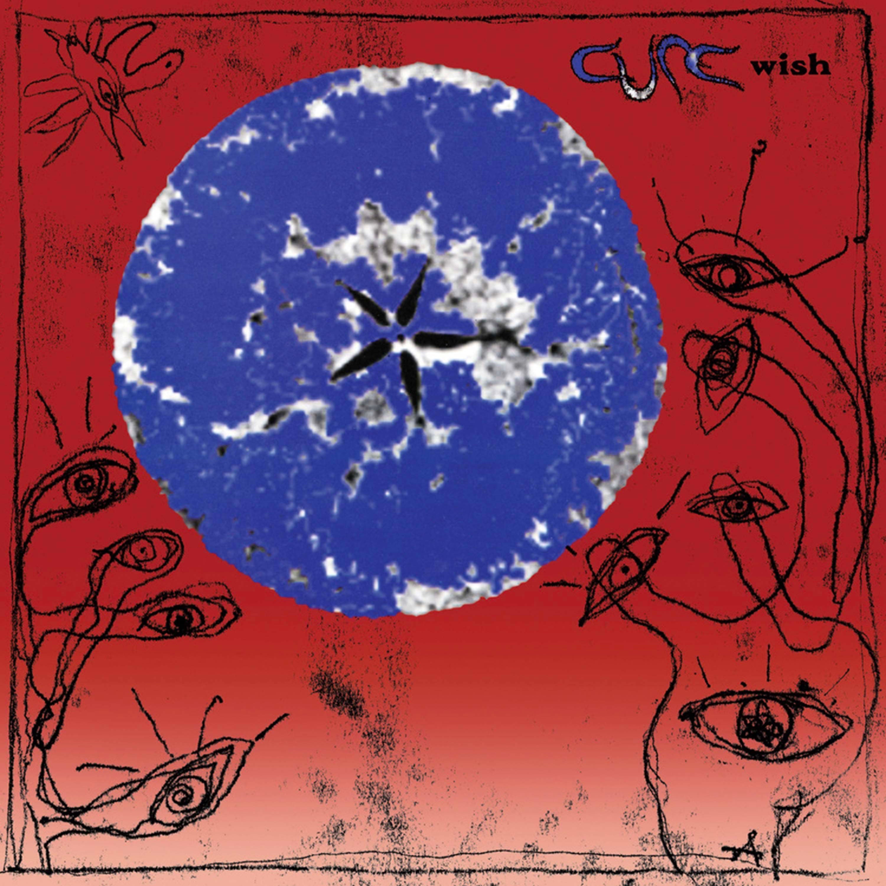 Album cover art for The Cure's 'Wish' featuring a graphical design with eyes and abstract shapes in blue, red, and gray tones.