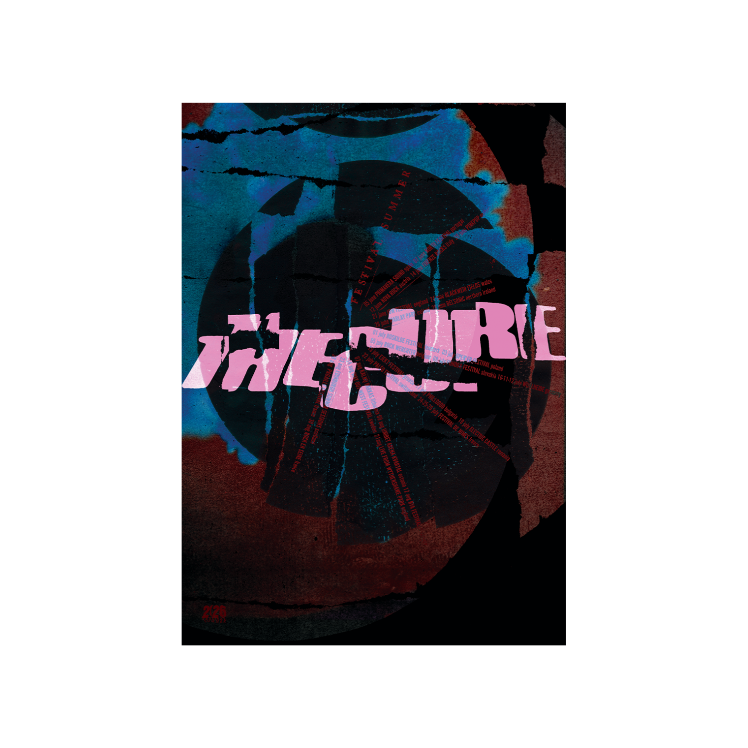 Festival Summer 2026 Tour Poster featuring a cracked "The Cure" logo in pink over a blue and red background design featuring Festival Summer 2026 tour dates printed in a half circle.