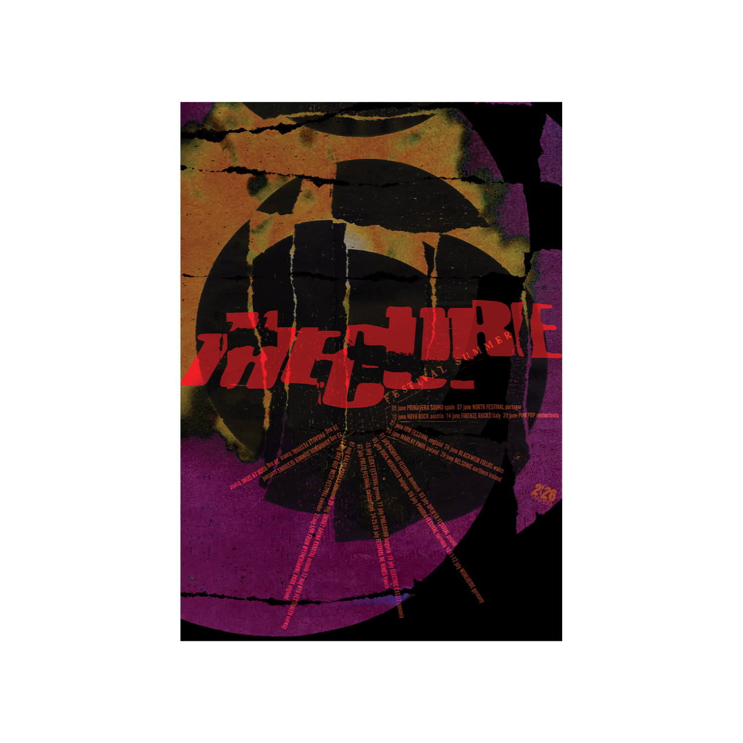 Festival Summer 2026 Tour Poster featuring a cracked "The Cure" logo in red over an orange and magenta background design featuring Festival Summer 2026 tour dates printed in a half circle.