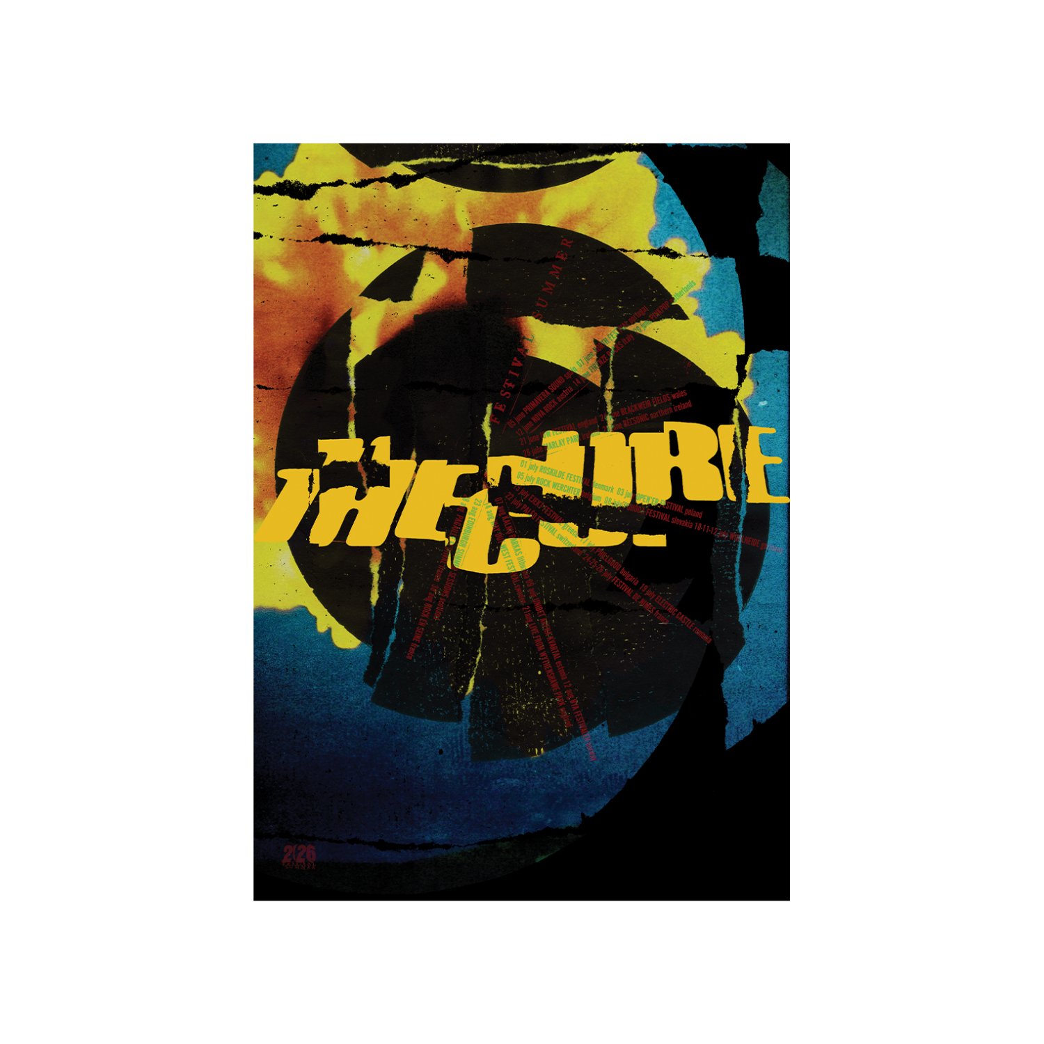 Festival Summer 2026 Tour Poster featuring a cracked "The Cure" logo in yellow over an blue and yellow background design featuring Festival Summer 2026 tour dates printed in a half circle.