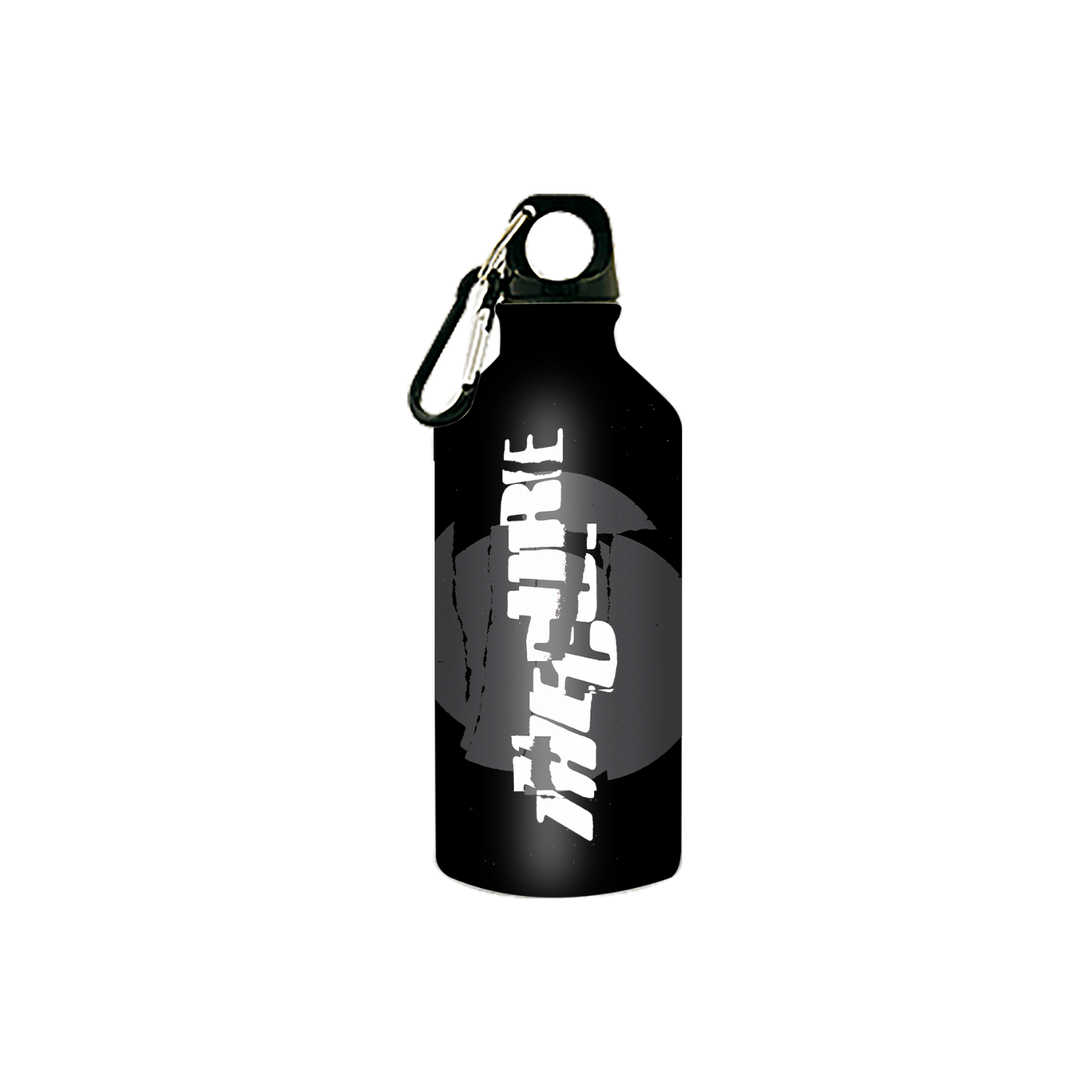 Black metal water bottle featuring a cracked "The Cure" logo in white over a grey circular design. 