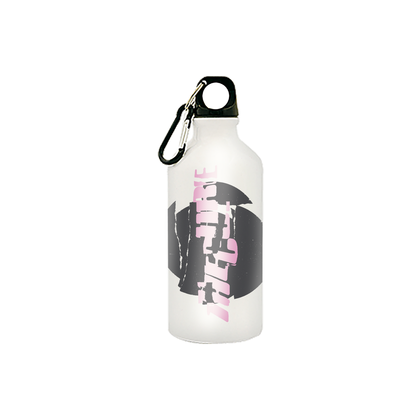 White metal water bottle featuring a cracked "The Cure" logo in pink over a grey circular design.