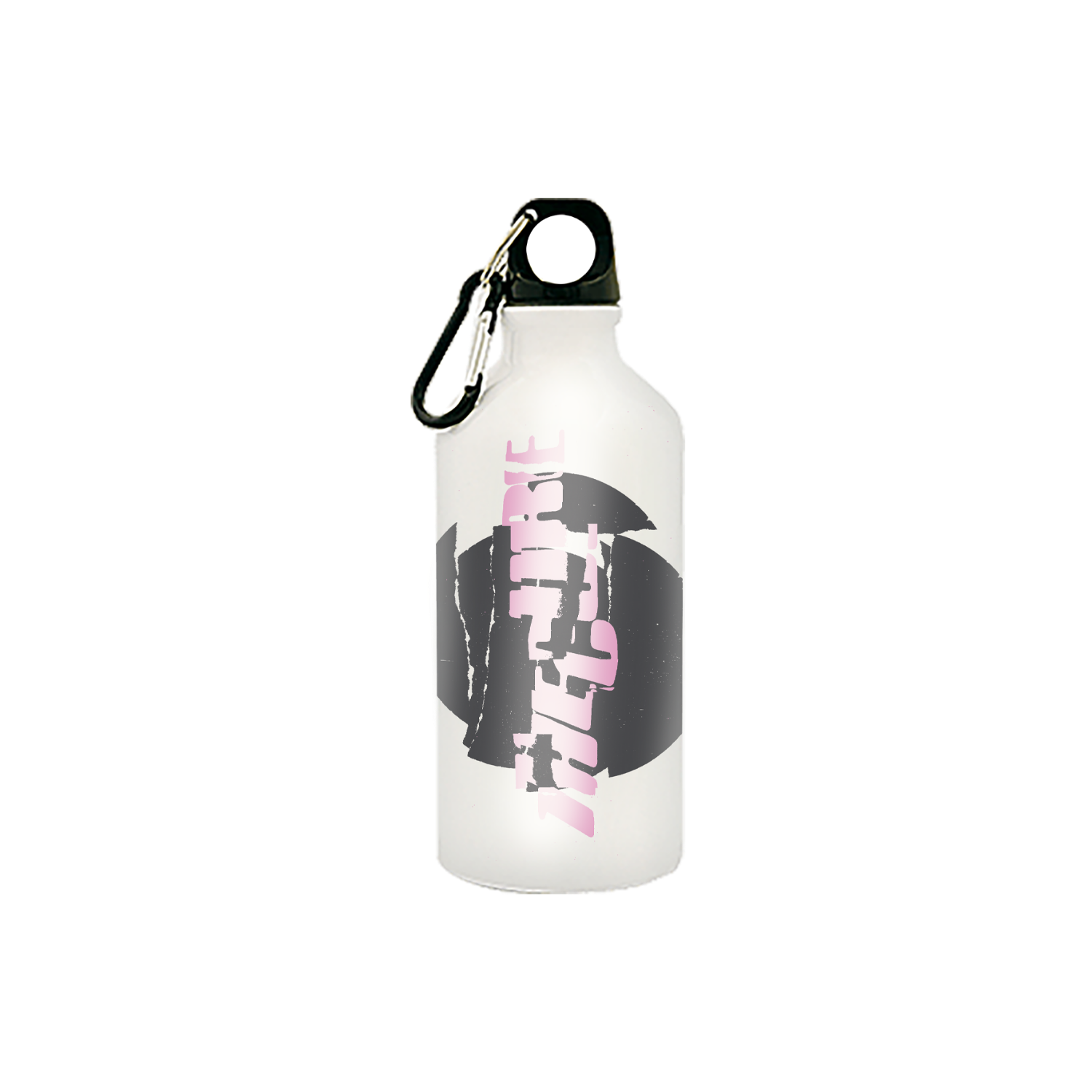 White metal water bottle featuring a cracked "The Cure" logo in pink over a grey circular design.