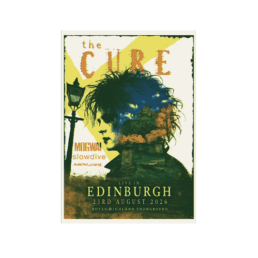A concert poster for the band The Cure, featuring a stylized illustration of a person's profile with wild hair against a yellow and cream background, with text reading 'the CURE', and 'EDINBURGH 23RD AUGUST 2026'.